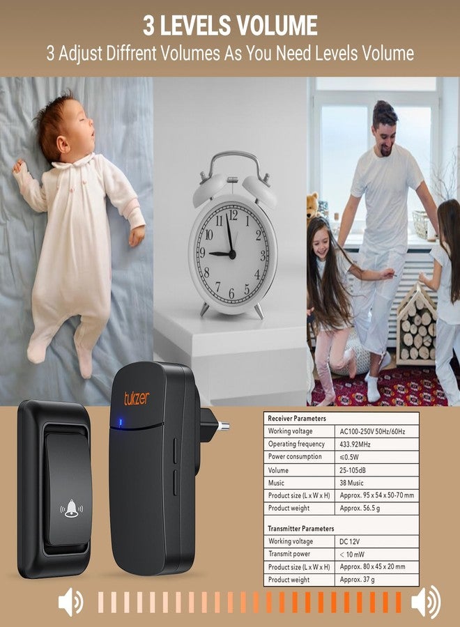 توكزر جرس باب لاسلكي من توكزر، طقم جرس باب مقاوم للماء للمنزل والمكتب مع إضاءة LED، مدى تشغيل يصل إلى 300 متر، 38 نغمة رنين، جهاز استقبال واحد وزر ضغط واحد - Image 4